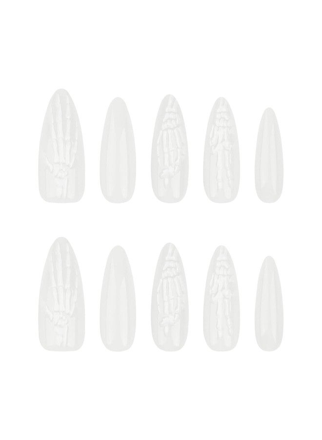 OCOUYVD 24 Pcs Halloween Press On Nails - Medium Almond, 3D White Skull Designs, French Tip, Glossy False Nails - DIY Manicure - Image 4
